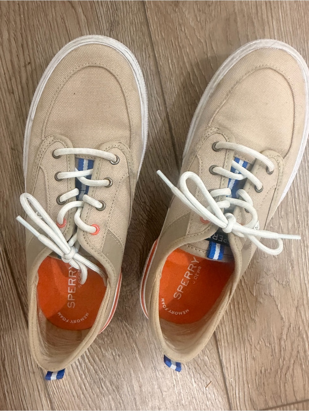Sperry Soletide Beige Canvas Boat Shoes with White Laces
